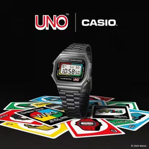 Reloj Casio Vintage A168WEUC-1A "Cartas UNO" Mattel Edición Limitada